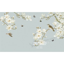 B473 손으로 yulan 목련 꽃과 새 배경 잉크 페인팅 벽 아트 장식 인쇄