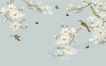 B473 Hand Painted Yulan Magnolia Flower and Bird Background Ink Painting Wall Art Decor Printing