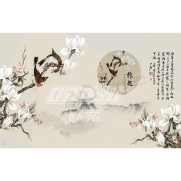 Flor chinesa do b475 e impressão da arte da pintura da tinta de fundo da magnólia do yulan da pintura do pássaro