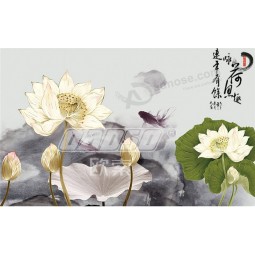 B476中国水墨画莲花背景墙装饰客厅