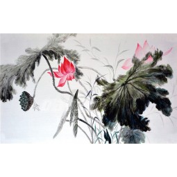 B477高精細手は、蓮の花の背景のインク塗装のアートワークの印刷を描いた