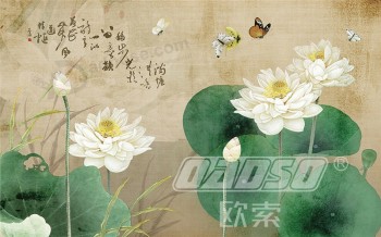 B478手绘中国莲花背景水墨画艺术品印刷