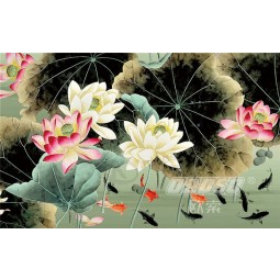 B479 Hand Painted Lotus Nine Carp Background Ink Painting Wall Decoration for Living Room