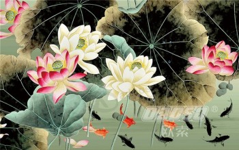 B479 handgeschilderde lotus negen karper achtergrond inkt schilderij wanddecoratie voor de woonkamer
