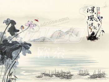 B482 chinese water en inkt lotus landschap inkt schilderij achtergrond decoratie kunstwerk afdrukken