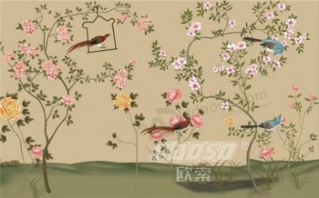 B411 délicate fleur et oiseau encre peinture fond décoration mur