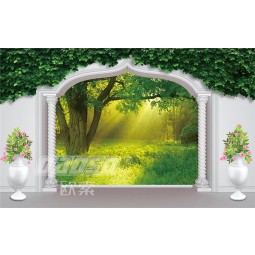 E016 Balcony Arch Green Forest 3D Background Home Decoration Mural