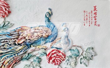 E020浮雕孔雀牡丹背景墙装饰水墨画家居装饰