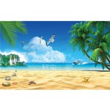 F004 Beach Coconut Tree Island Seaview Ink Painting Background Wall Decoration