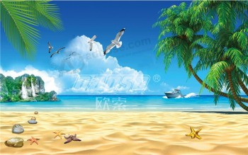 F004 Beach Coconut Tree Island Seaview Ink Painting Background Wall Decoration