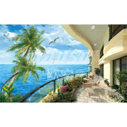 F008 Mediterranean Sea Villa Balcony View Ink Painting Wall Background Decoration