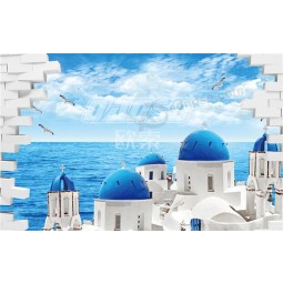 F011 paisaje hermoso de la decoración del fondo de la pared de la pintura de la tinta del paisaje del Mar Egeo