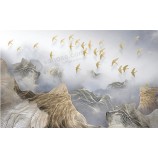 B507 Abstract Artistic Conception Landscape Ink Painting Golden Lines Birds Wall Background Decoration
