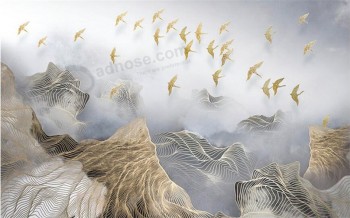 B507 astratto artistico concezione paesaggio inchiostro pittura linee d'oro uccelli sfondo muro decorazione