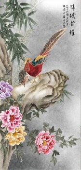 B538 손으로 색칠 전통적인 중국 그림 작 약 꽃과 새 벽 아트 배경 잉크 그림입니다