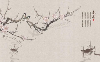 Murale della priorità bassa del fiore e dell'uccello della mano dipinta a mano b541