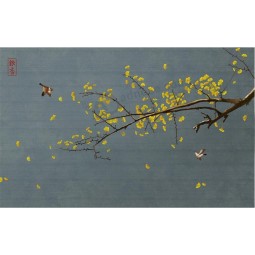 B546 Hand Painted Ginkgo Biloba Flower and Bird Ink Painting Home Decorative Mural