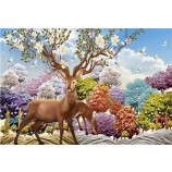 E038 3d relevo dreamlike floresta cervos fundo tinta pintura parede arte impressão