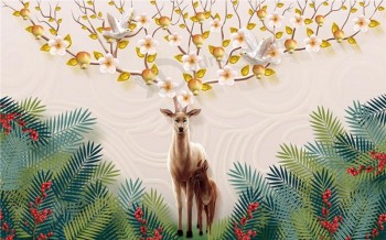 F016麋鹿钱树背景水墨画墙艺术印刷