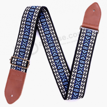 Blue Vintage Jacquard Woven Guitar Strap with Genuine Leather Ends