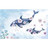 A268 Hand Painted Whale Romantic Background Mural Wall Art Decorative Ink Painting for House