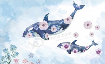 A268 Hand Painted Whale Romantic Background Mural Wall Art Decorative Ink Painting for House