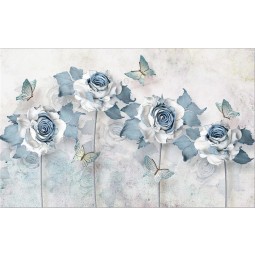 F032淡蓝色素色和优雅蝴蝶背景装饰壁画艺术水墨画印刷