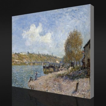 NO.F043 Alfred Sisley - Laundresses at the River Bank, 1884 Oil Painting Background Wall Decorative Painting