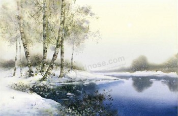C004由湖上的雪景观油画背景墙装饰壁画家居装饰