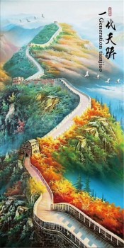 C023手绘秋天风景的长城油画艺术墙背景装饰壁画