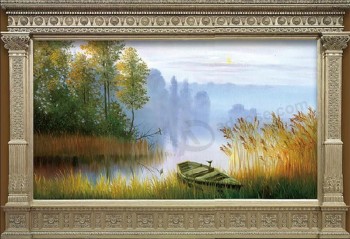 C034岸船芦苇湿地风景油画电视背景装饰壁画