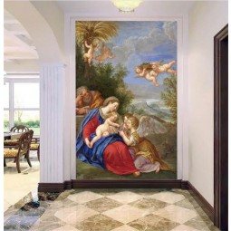 C076 santo del bebé de la Virgen María y pequeña decoración clásica del fondo de la pared del arte de la pintura al óleo del ángel