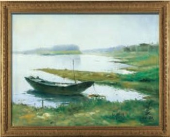Barco do s600 80x60cm na pintura da arte da parede da pintura a óleo do cenário do lago