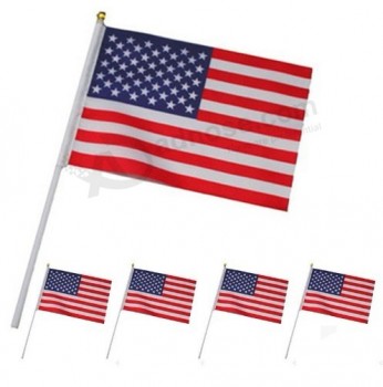 100个 14*21Cm plastic Stick American Handing Flag Polyester Handflag USA Flag Hand Wave Flag
