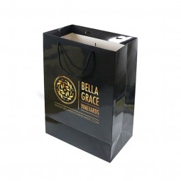Custom black luxury made glossy laminated finished black art paper bag shopping packaging garment paper gift bags