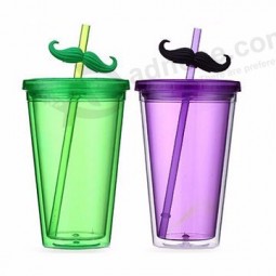 cheap Customized logo 450ml double wall clear plastic magic drinking cup with lid and straw