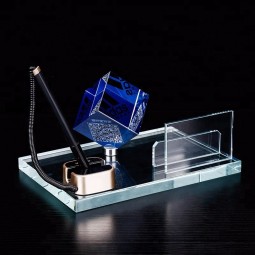 Escritório de cristal carrinho de mesa de negócios cardcase stand storge organizador logotipo personalizado com caneta