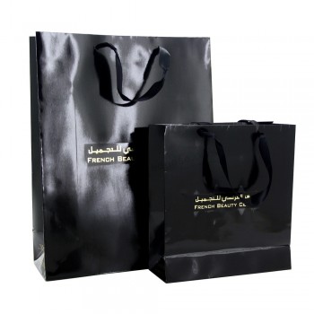 High end matt black shopping bag paper ribbon closure with your logo