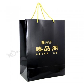 便宜有光泽的黑色批发纸质购物袋，带有凹凸不平的标志