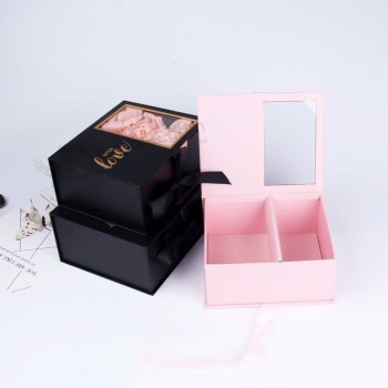 Custom Logo Black Luxury Packaging PVC Gift cardrboard Paper Wig Flower Box With Window And Ribbon closure with your logo
