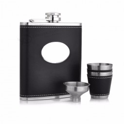 Stainless Steel Leather Wrapped Hip Flask Gift Set