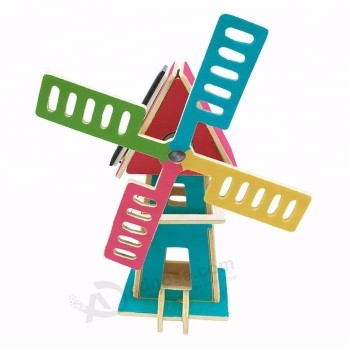 Giocattolo di assemblaggio del mulino a vento solare di filatura educativa 3d puzzle di legno su ordinazione del bambino