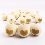 20Mm Engraved Heart Wooden Round Teething Beads Wood Craft Beads For Necklaces
