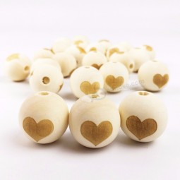 20Milímetros Engraved Heart Wooden Round Teething Beads Wood Craft Beads For Necklaces