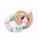 Baby Silicone Teether with Wooden Ring Rattles Baby Shower Gift Wholesale
