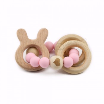Animales de madera perlas de silicona mordedores de silicona de grado alimenticio bebé recién nacido pulsera de enfermería