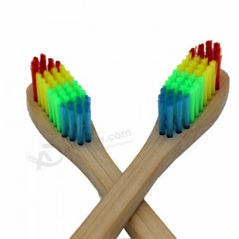 Arco iris de cabeza cepillo de dientes de bambú con cepillo de bambú con cerdas suaves