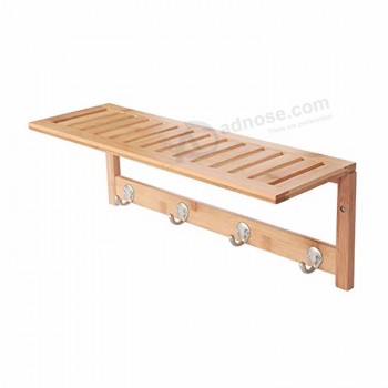 100% Bamboo Wooden Natural Shelf With 4 Hooks Towel Rack