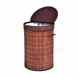 Cesto de roupa suja de canto lavável redonda em bambu de madeira