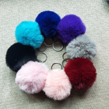 fluffy rabbit Fur ball Key chain cute cream black pompom artificial rabbit Fur keychain women Car Bag Key ring